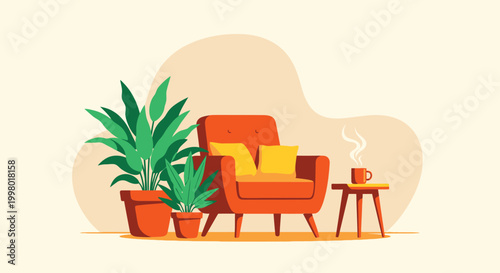 A cozy and inviting living room scene featuring an orange armchair a side table and lush plants
