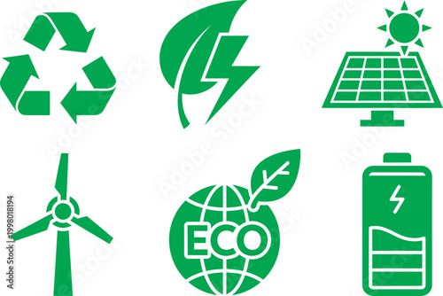 Renewable energy and eco icons set with recycling solar panel wind turbine battery green symbols flat vector collection isolated on light background