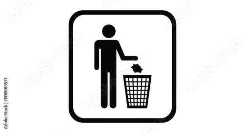 A simple black and white pictogram depicts a person discarding waste into a wastebasket
