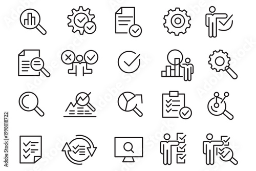 Inspection related icon collections. Containing checklist, magnifying glass, report, audit, safety, quality, review, compliance, document, and search icons. Outline icons. 