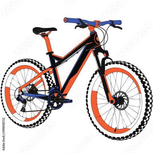 Modern mountain bike with orange and black frame and wide tires vector illustration extreme sport city bike road bike electric bike child bike folding bike hybrid bike transport
