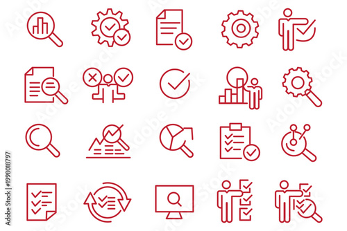 Inspection related icon collections. Containing checklist, magnifying glass, report, audit, safety, quality, review, compliance, document, and search icons. Outline icons. 