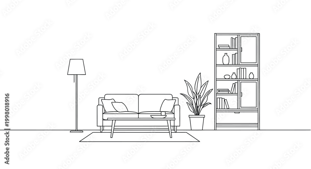 Fototapeta premium A minimalist line drawing depicts a living room with a sofa plant and bookshelf