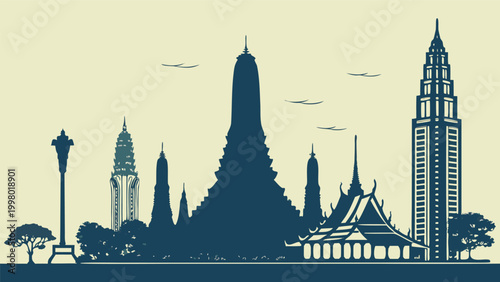 Bangkok skyline silhouette vector with temples and skyscrapers