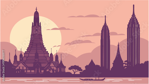Minimalist Bangkok cityscape vector featuring famous landmarks