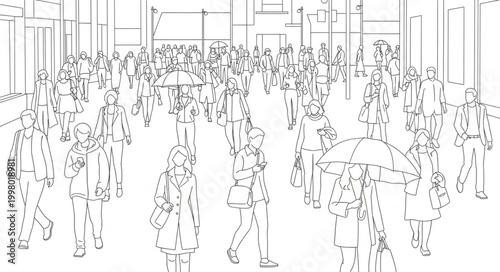 Crowd of People Walking in a Busy City Street Illustration.