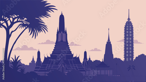 Iconic Bangkok Thailand skyline silhouette travel illustration