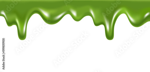 Glossy Green Liquid Flowing Downward on White Background