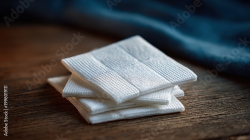 Small Stack of Folded White Gauze Pads on Wooden Surface with Dark Blue Fabric Background Medical First Aid Texture Detail