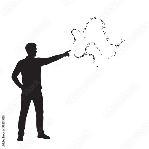 Man silhouette pointing to a cloud of bats flying away from his finger concept of fear expulsion or releasing dark thoughts black and white vector illustration