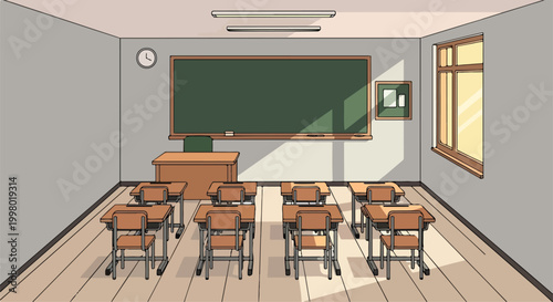 A cartoon empty classroom with desks and a blackboard