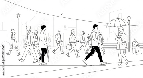 People walking on a city street in black and white sketch style.