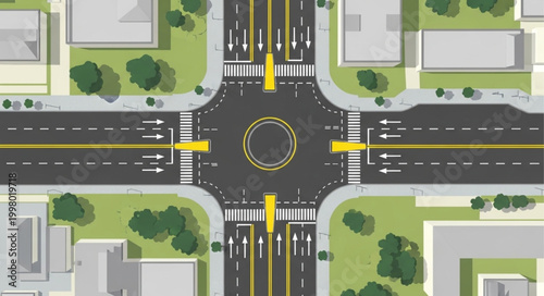 Aerial view of a modern roundabout intersection with traffic flow.