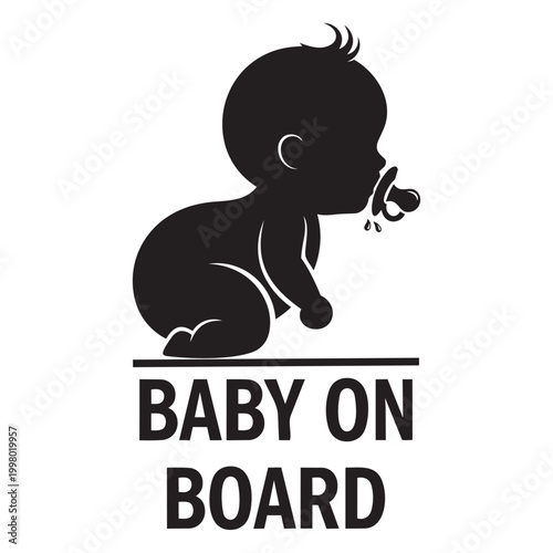 Fotografía Baby on Board Vector Silhouette with Cute Crawling Infant and Pacifier for Car S