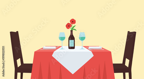 A romantic dinner setup with wine and flowers