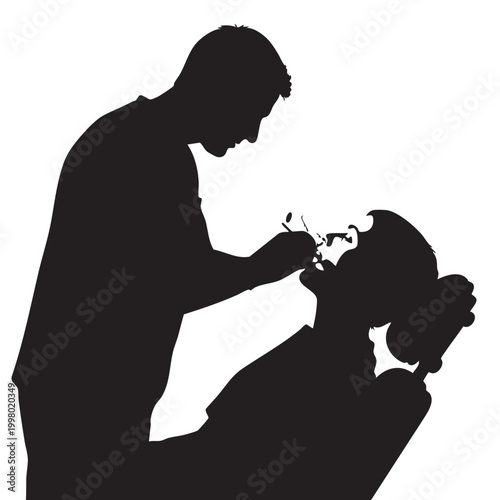 Silhouette dentist performing dental examination on patient professional oral care specialist checking teeth black and white vector graphic illustrating dental health