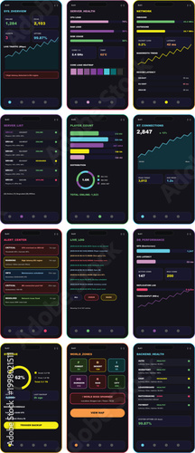 Smartphone Game Server Monitoring Dashboard UI Kit, 12 Screens Mobile Admin Panel, Cyberpunk Neon Style Vector Set

