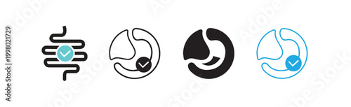 Digestive System Icons Set – Stomach and Intestine Symbols with Check Mark (Line & Solid Styles)
