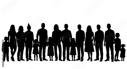 Large Family Silhouette Standing Together on White Background.
