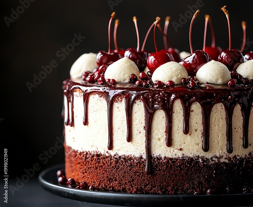A stunning chocolate cake topped with rich chocolate ganache, fresh cherries, and creamy frosting
