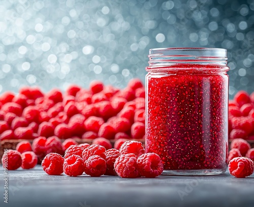 A vibrant composition of fresh raspberries surrounding a glass jar filled with raspberry jam, showcasing the rich texture and color of the fruits, perfect for culinary themes.