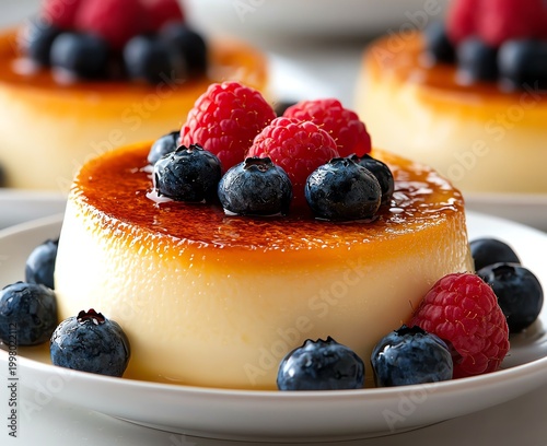 Delicious dessert featuring a creamy flan topped with fresh raspberries and blueberries, presenting an elegant culinary treat perfect for any occasion.