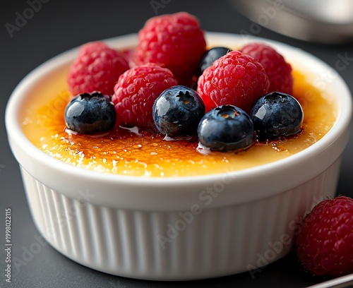 Delicious dessert featuring a creamy custard base topped with a crispy caramel layer, garnished with fresh raspberries and blueberries for a vibrant and appealing look.