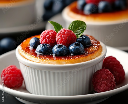 A delectable dessert featuring a creamy custard topped with a caramelized layer, garnished with fresh raspberries, blueberries, and mint leaves for a vibrant presentation.