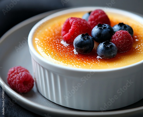 A delectable dessert featuring a creamy custard base topped with a caramelized sugar crust, adorned with fresh raspberries and blueberries for a burst of flavor.