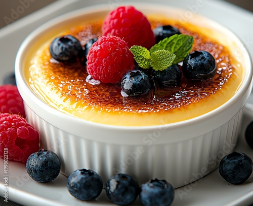 A delicious creme brulee topped with fresh raspberries and blueberries, garnished with mint leaves