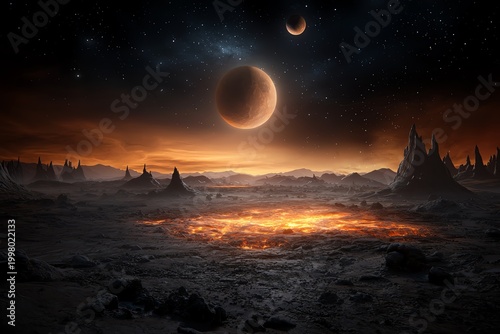 A stunning view of an alien landscape featuring volcanic activity under a starry sky, with two moons hovering above and rugged terrain illuminated by lava flows.