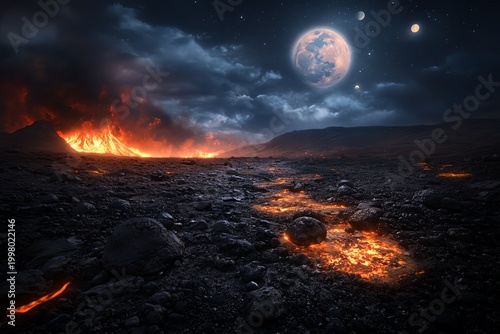 A breathtaking view of a volcanic landscape illuminated by the glowing lava under a dramatic night sky filled with stars and a large moon, creating an otherworldly atmosphere.