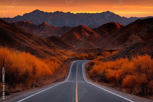 A winding road stretches through a scenic mountain landscape at sunset, framed by vibrant autumn foliage