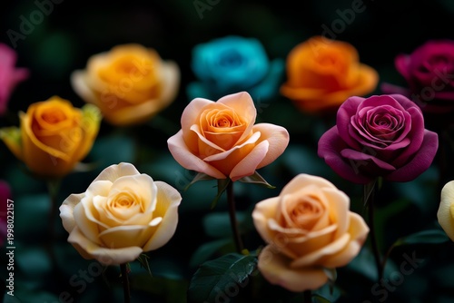A vibrant array of colorful roses, showcasing their beautiful petals and stunning hues