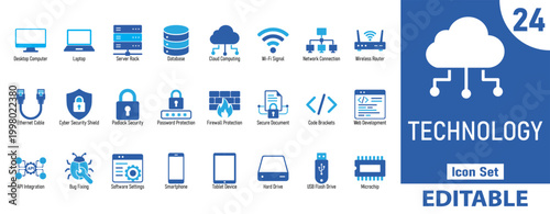 Technology and IT Flat Icons Set. Network, Security, Cloud, API, Programming Editable Vector