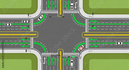 Aerial View of a Busy City Intersection with Traffic Flow.