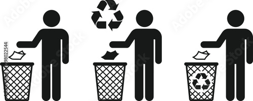 Recycling Waste Disposal Icons Featuring Stick Figures with Recycling Bins for Environmental, Waste Management, and Sustainability Designs