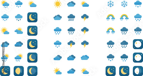 Comprehensive Weather Icon Collection Featuring Sunny, Rainy, Cloudy, Snowy, Stormy, Rainbow, and Night Forecast Symbols for Web and App Designs