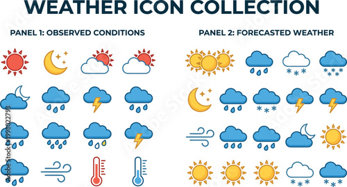 Weather Icon Collection Featuring Observed Conditions and Forecasted Weather for Meteorology, Web, and App Design