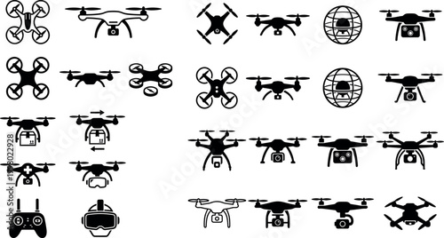Drone Icon Set Featuring Various Models, Controllers, and Aerial Views for Technology, Aerial Photography, and Surveillance Designs