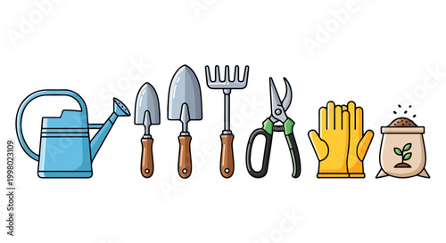 A row of colorful gardening tools on white