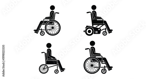 Four black silhouettes depict individuals utilizing various types of wheelchairs for mobility assistance high quality