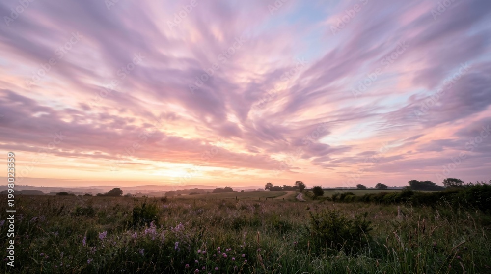 Fototapeta premium Dramatic sunset over a field with vibrant clouds and a beautiful landscape.