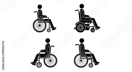 Four simplistic black silhouettes depict people seated in wheelchairs showcasing different perspectives and designs