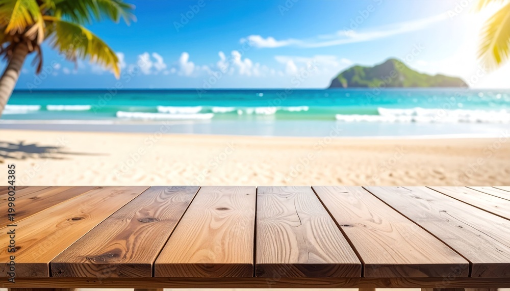 Fototapeta premium Wooden deck overlooks tropical beach with palm trees, clear water, and a distant island under bright sky