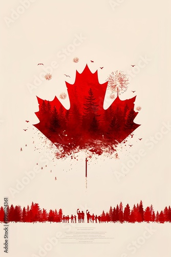 Artistic Canada Day Greeting Card with Red Maple Leaf and Pine Forest Silhouette