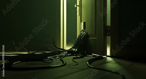 Dark Green Electric Power Cables Plugged Into Wall Outlet in Dim Room