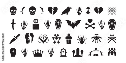 Gothic and Halloween Silhouette Icon Set with Skulls Bats and Coffins