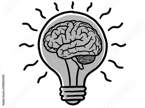 A brain inside a glowing light bulb emits ideas and creativity