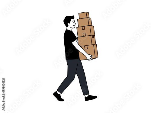 Man carrying large stack of boxes while walking quickly outside
